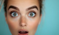 Close up portrait showing expressive blue eyes with long eyelashes, natural freckles, and surprised open mouth expression against turquoise background.