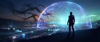 Futuristic silhouette standing before glowing digital sphere with data streams and bare tree branches against cosmic night sky backdrop for technology concepts.