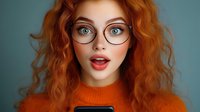 Young redhead woman with curly ginger hair wearing glasses and orange sweater showing surprised expression against blue background. Professional portrait.