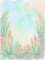Watercolor succulent and aloe vera botanical frame with pastel green, peach, and lavender tones, copy space for text or greeting cards.