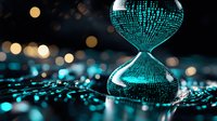 Digital hourglass with glowing turquoise binary code pattern on dark background with bokeh lights, symbolizing time management and technology transformation.