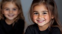 Young Caucasian girl with brown hair and bright smile wearing black top poses for portrait against dark background, natural lighting creates soft shadows.