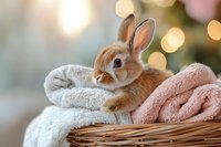 Adorable brown and white baby bunny resting in wicker basket with soft pastel towels against blurred bokeh background, creating cozy domestic atmosphere.