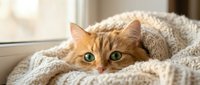 Orange tabby cat with green eyes peeking from cozy knit blanket by sunny window. Adorable ginger kitten wrapped in soft textile for comfort and warmth concepts.