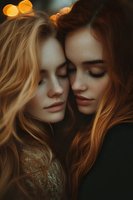Two young women sharing intimate moment with closed eyes and warm golden light creating romantic atmosphere for friendship and connection concepts.