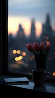 Red tulips in cup on windowsill against blurred city skyline at dusk, with glowing bokeh lights and notebook creating cozy atmospheric mood for lifestyle blogs.