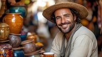 Hispanic man with beard wearing straw hat and linen shirt smiling while drinking coffee at traditional market with colorful pottery and artisan crafts in background.