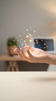 Hand holding glowing digital particles and circuit board patterns, representing technology innovation, data transfer, and artificial intelligence solutions for business applications.