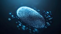 Digital fingerprint scan with glowing blue binary code pattern on dark background, representing cybersecurity and biometric authentication technology.