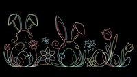 Easter bunny line art with spring flowers and decorative swirls on black background. Minimalist outline design for seasonal greeting cards and crafts.