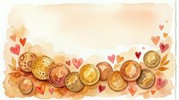 Watercolor frame with golden coins and floating hearts on warm beige background for romantic finance themes and Valentine's Day designs.