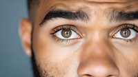 Close-up of brown eyes with expressive eyebrows against blue background, showing emotion and intensity in facial features.
