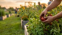 Farmer harvesting ripe tomatoes from plants in sunny garden field, hands picking fresh produce for organic farming, agriculture and food production.