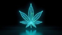 Glowing neon cannabis leaf with electric blue light effects on dark background for modern digital design and medical marijuana concepts.