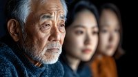 Senior Asian man with white beard in blue sweater alongside two young Asian women in dramatic side lighting, representing generational connection and family bonds.