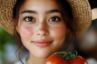 Young Asian woman with rosy cheeks and natural makeup wearing straw hat holds fresh ripe tomato, representing healthy lifestyle and organic farming concept.