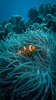 Clownfish with orange and white stripes nestled among turquoise sea anemone tentacles in shallow coral reef habitat, suitable for marine life and ocean conservation content.