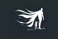 Silhouette of father and child holding hands with flowing cape effect and birds against dark background, minimalist artistic composition for wall art and prints.