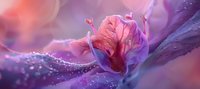 Delicate pink flower petals with morning dew drops against purple background in soft dreamy macro photography, creating ethereal natural atmosphere.