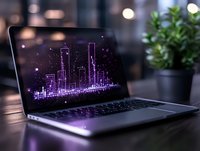 Modern laptop displaying glowing purple city skyline hologram with sparkles and digital effects on screen, potted plant in background with soft bokeh lights.