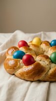 Traditional Easter bread with colorful eggs nestled in golden braided dough on linen cloth, festive holiday baking and spring celebration concept.