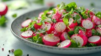 Fresh radish salad with sliced red and white radishes, chopped herbs, and seasonings on gray ceramic plate against light background. Macro food photography.