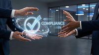 Business professionals exchanging compliance checkmark symbol in modern office environment representing regulatory adherence and corporate governance.