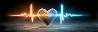 Heart-shaped object with glowing heartbeat pulse lines in orange and blue light against dark background for medical and healthcare concepts.
