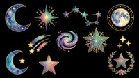 Celestial moon and star design elements isolated on transparent background, ready for t-shirt designs, clipart, stickers, sublimation, print-on-demand products and digital crafts.