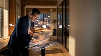 Professional businessman examining holographic display technology in modern office environment showcasing futuristic digital interface innovation.