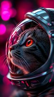 Black cat wearing astronaut helmet with glowing red eyes against pink bokeh background, futuristic space concept for creative digital art and design projects.