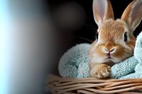 Adorable ginger dwarf rabbit resting in wicker basket with soft mint towels, looking directly at camera with sweet expression against dark background.
