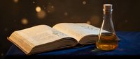 Ancient open book with glass potion bottle on blue velvet surface against dark background with golden bokeh lights for fantasy storytelling concepts.