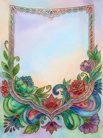 Watercolor floral frame with gold outline, roses, lotus, and lush leaves on pastel background, perfect for greeting cards and invitations.