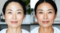 Young Asian woman with natural makeup showing before and after beauty treatment comparison, demonstrating skincare results and facial transformation.
