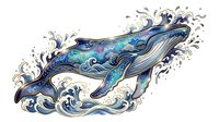 Whale with flowing water waves and splashes in blue and teal tones, isolated on white background for design projects, t-shirts, and clipart use.