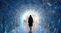 Silhouette of woman walking through illuminated tunnel with sparkling lights creating magical atmosphere for spiritual journey and transformation concepts.