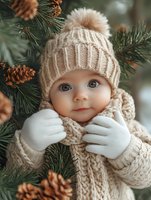 Sweet baby wearing knitted beige winter hat with pompom, white mittens and scarf, surrounded by pine branches and cones in festive holiday setting.