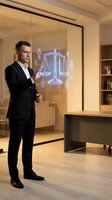 Professional businessman in suit presenting holographic justice scales in modern office environment for legal technology and digital law concepts.