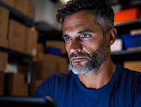 Mature Caucasian man with gray hair and beard working late at warehouse, illuminated by computer screen light. Professional looking at digital device in dark storage room.