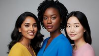 Three diverse young women in colorful clothing smiling together against gray background representing friendship, teamwork and multicultural unity.