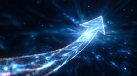 Glowing blue arrow made of light particles and energy streams moving upward against dark background with bokeh effects and motion blur for business growth concepts.