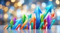 Colorful upward trending arrows showing business growth and success with bokeh lights background for financial presentations and marketing materials.