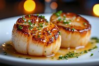 Pan-seared sea scallops with caramelized golden crust garnished with fresh herbs and butter sauce on white plate, macro food photography in warm light.