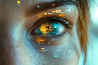 Close up of female eye with digital technology elements and glowing cyber interface overlay in turquoise and gold colors against dark background.