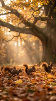 Red squirrels foraging among fallen autumn leaves in a sunlit forest with golden foliage and misty light rays filtering through oak trees.