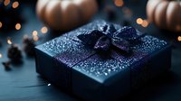 Dark mysterious gift box with purple bow and glitter sparkles on moody background with bokeh lights and decorative pumpkins, seasonal celebration concept.