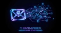 Digital email envelope with glowing circuit board network for IT development and messaging systems on dark background.