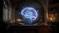 Glowing neon brain hologram floating above wooden desk in gothic library with arched ceilings, bookshelves, and warm lighting, representing artificial intelligence and digital innovation.