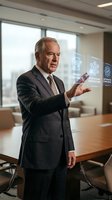 Senior businessman presenting blockchain technology concepts with holographic interface in modern corporate boardroom setting.